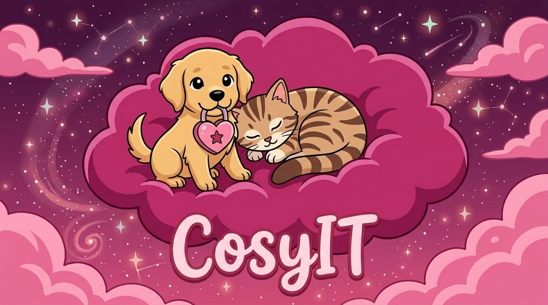 A kitten and puppy sleeping peacefully on a fluffy pink cloud under a starry sky